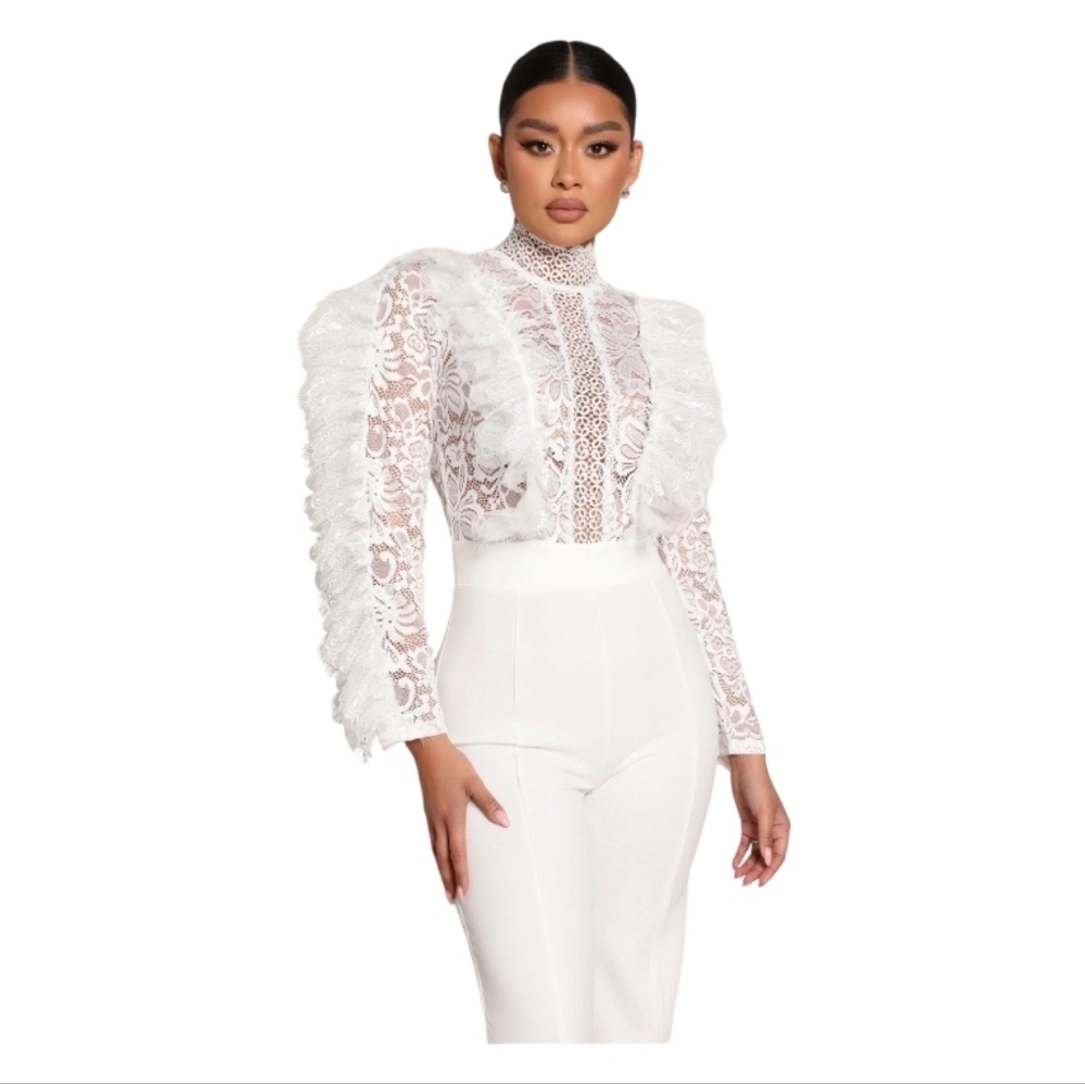 Fashion Nova White "In My Shadow" Lace Top Wide Leg Pant Jumpsuit, Sz L - Picture 2 of 9
